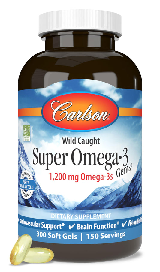Carlson Super Omega-3 Gems bottle front showing 1200 mg per serving for heart, brain, and vision support