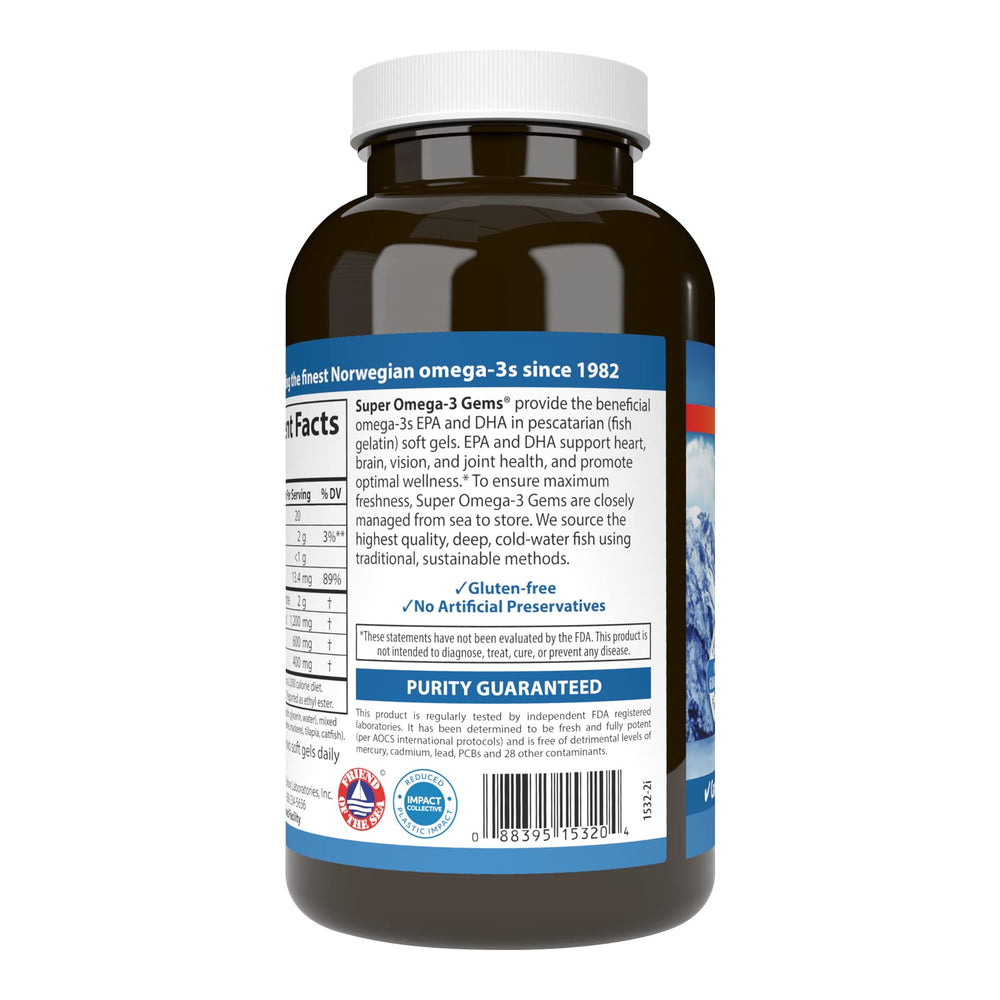 Carlson Omega-3 Gems capsules demonstrating soft gel form for pescetarian-friendly intake