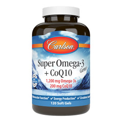 Carlson Super Omega-3 Gems with CoQ10 bottle highlighting 1,200 mg omega-3s per serving