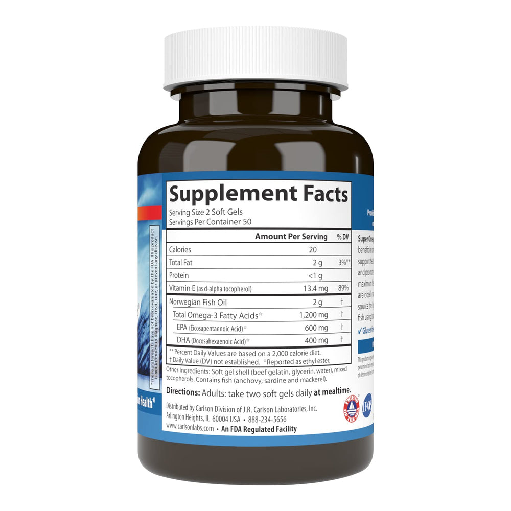 Carlson Super Omega-3 Gems soft gels close-up showing easy-to-swallow capsules.