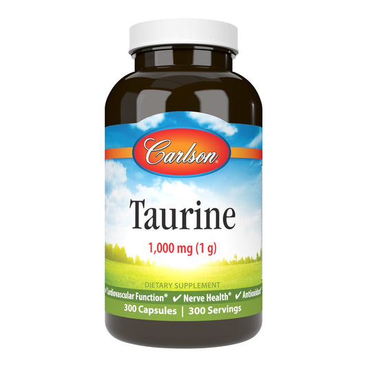Carlson Taurine bottle front showing packaging and 1,000 mg per capsule for daily nerve support.