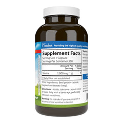 Carlson Taurine bottle label close-up highlighting dosage and nervous system support.