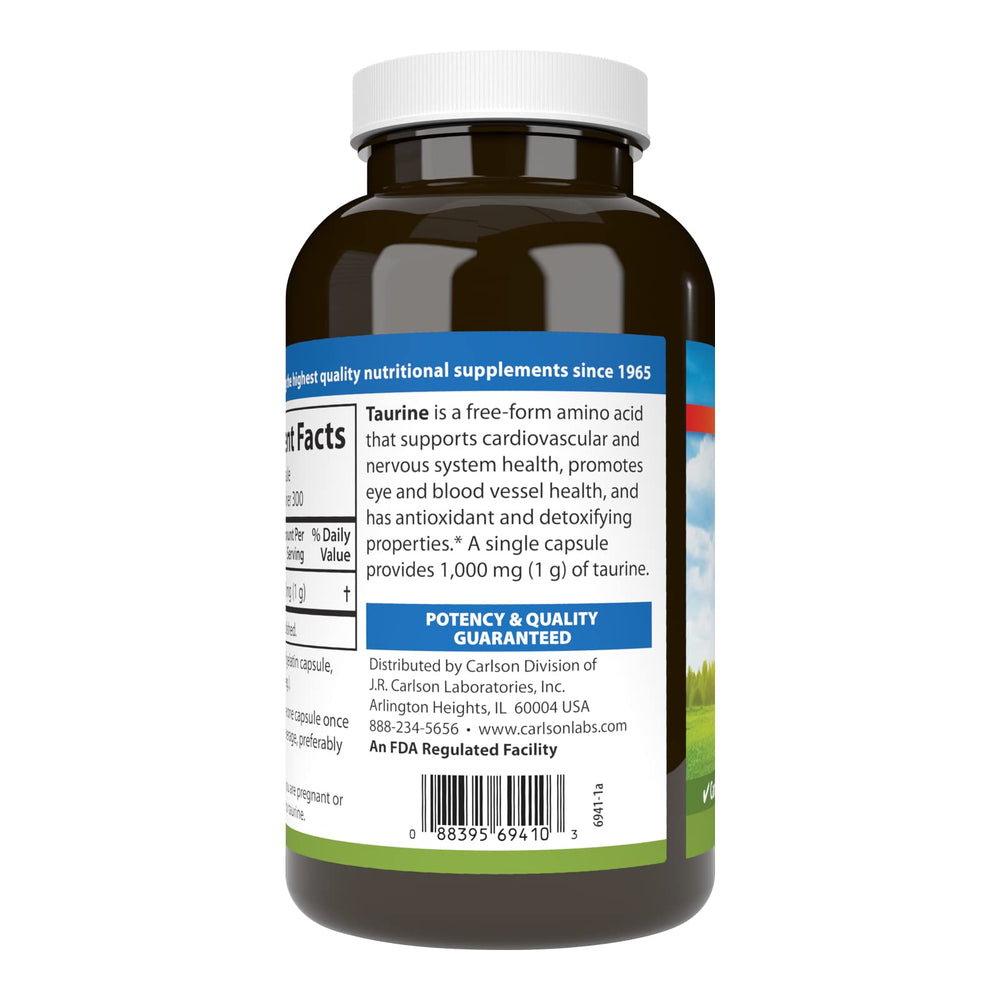 Carlson Taurine capsules close-up showing 1 g per dose for nerve health.
