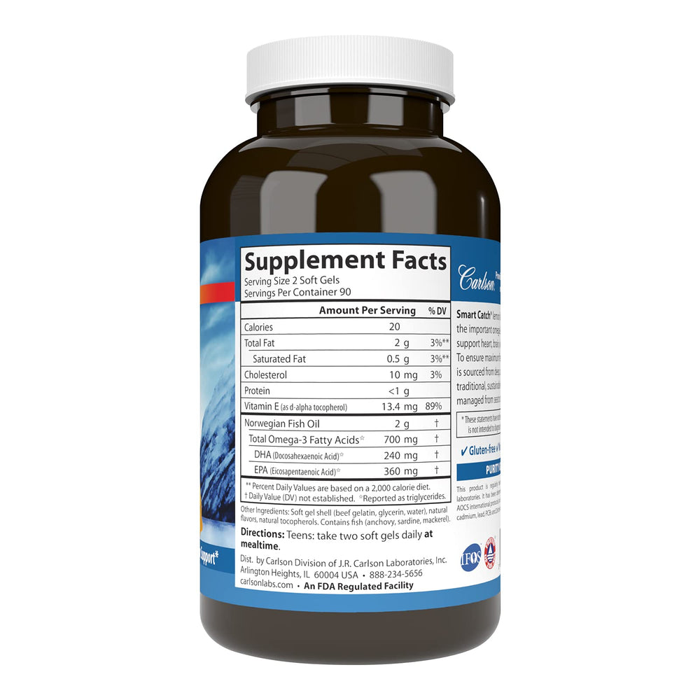 Carlson Teen's Smart Catch lemon softgels close-up highlighting 700 mg omega-3s per serving.