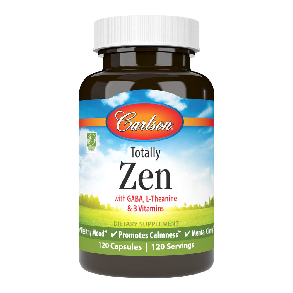 Carlson Totally Zen bottle cap close-up, hinting at a daily calming routine.