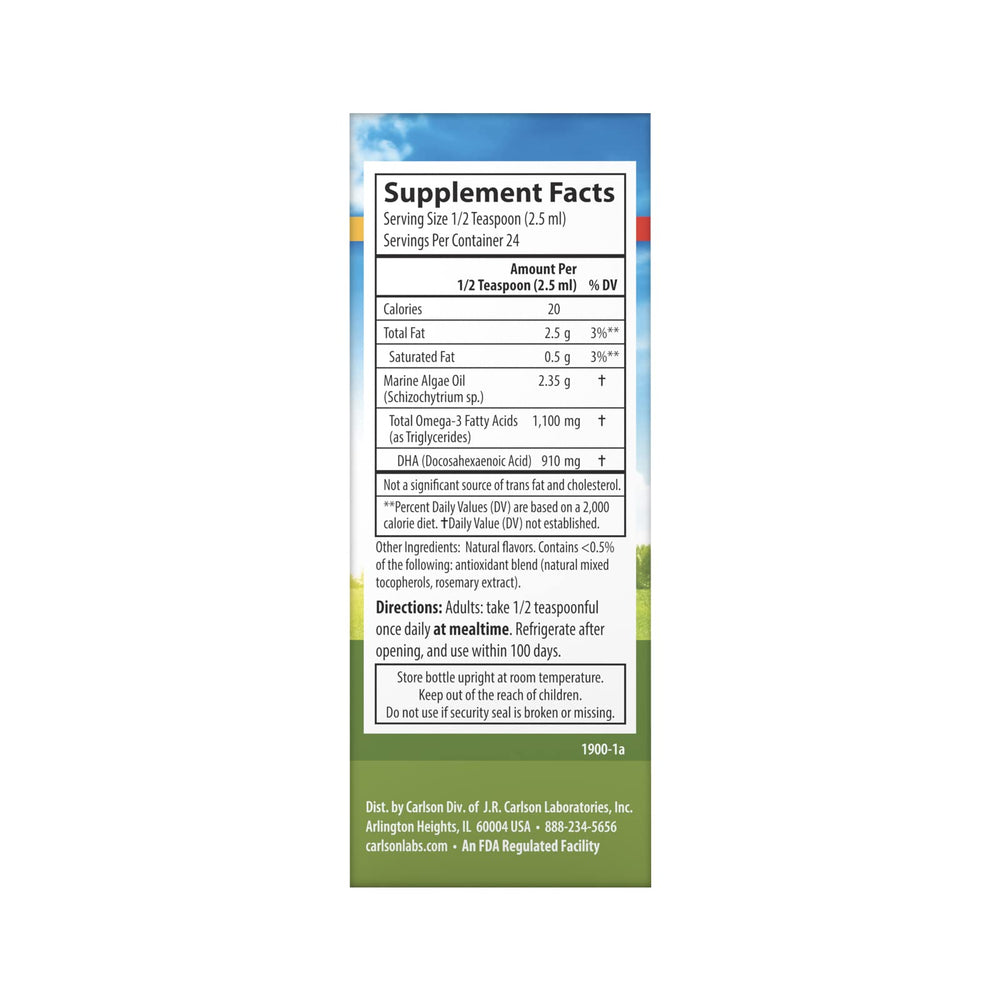 Carlson Vegetarian DHA spoon-dosed serving showing 910 mg DHA