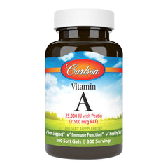Carlson Vitamin A 25,000 IU softgels in bottle for daily vision and skin support.