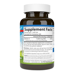 Carlson Vitamin A softgel cap and bottle close-up for convenient daily supplementation.