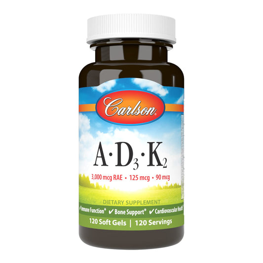 Carlson vitamin A D3 K2 bottle with 120 soft gels for bone-building support