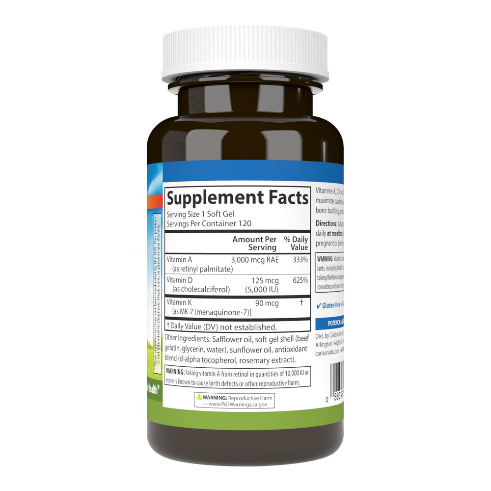 Close-up of Carlson A D3 K2 label showing potency and quality indicators