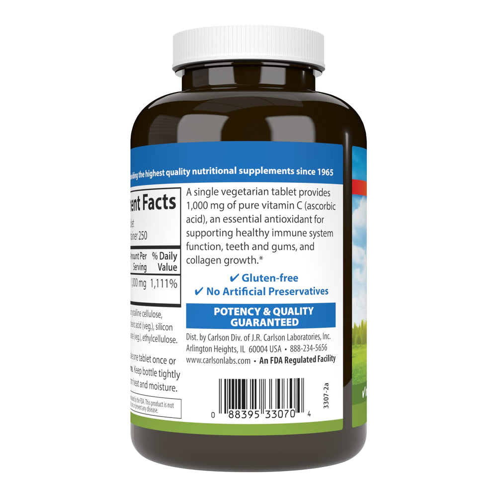 Carlson Vitamin C 1000 mg label close-up highlighting potency and quality