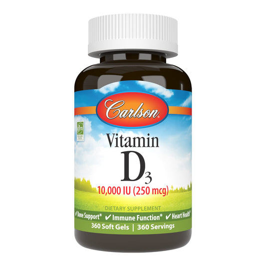 Carlson Vitamin D3 10,000 IU soft gels bottle supports bone health and overall wellness