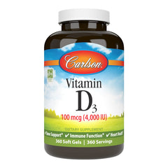 Carlson Vitamin D3 softgels bottle for daily bone and immune support.