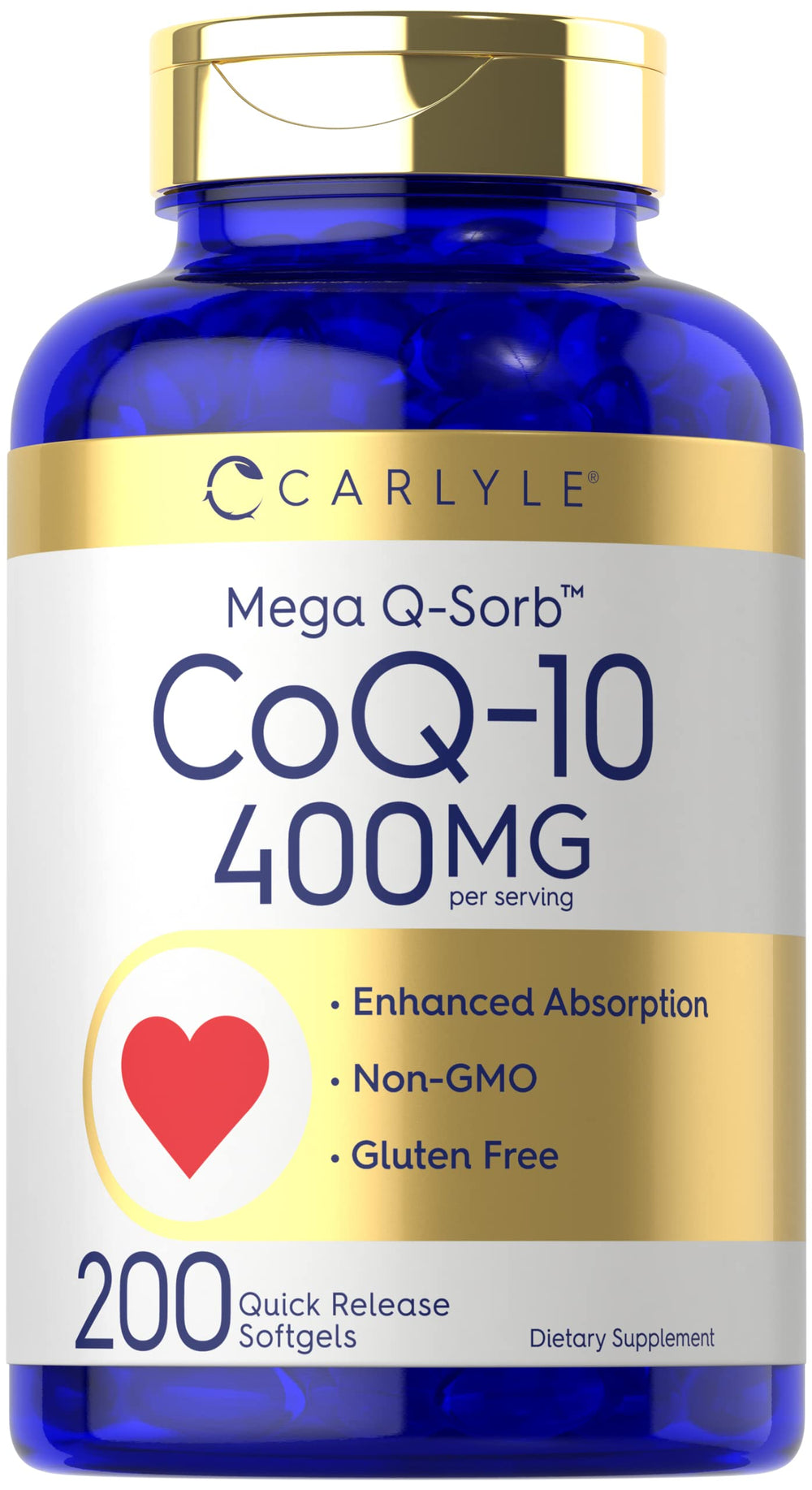 Carlyle CoQ10 400mg softgels bottle, highlighting high absorption
