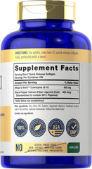 Carlyle CoQ10 bottle label closeup emphasizing non-GMO and gluten-free attributes