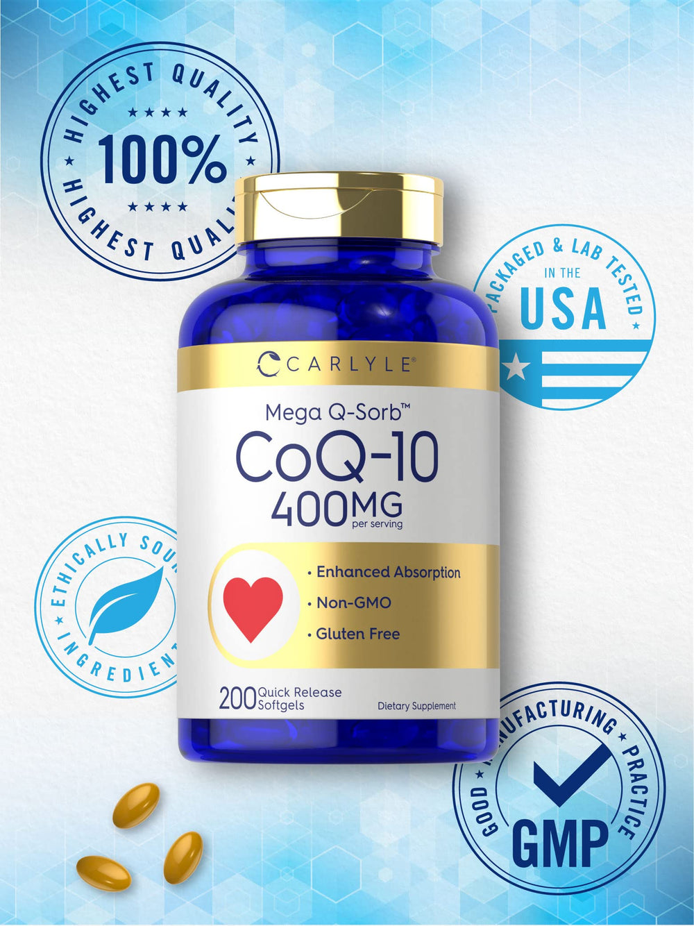 Carlyle CoQ10 packaging shows gluten-free and non-GMO certifications on the box