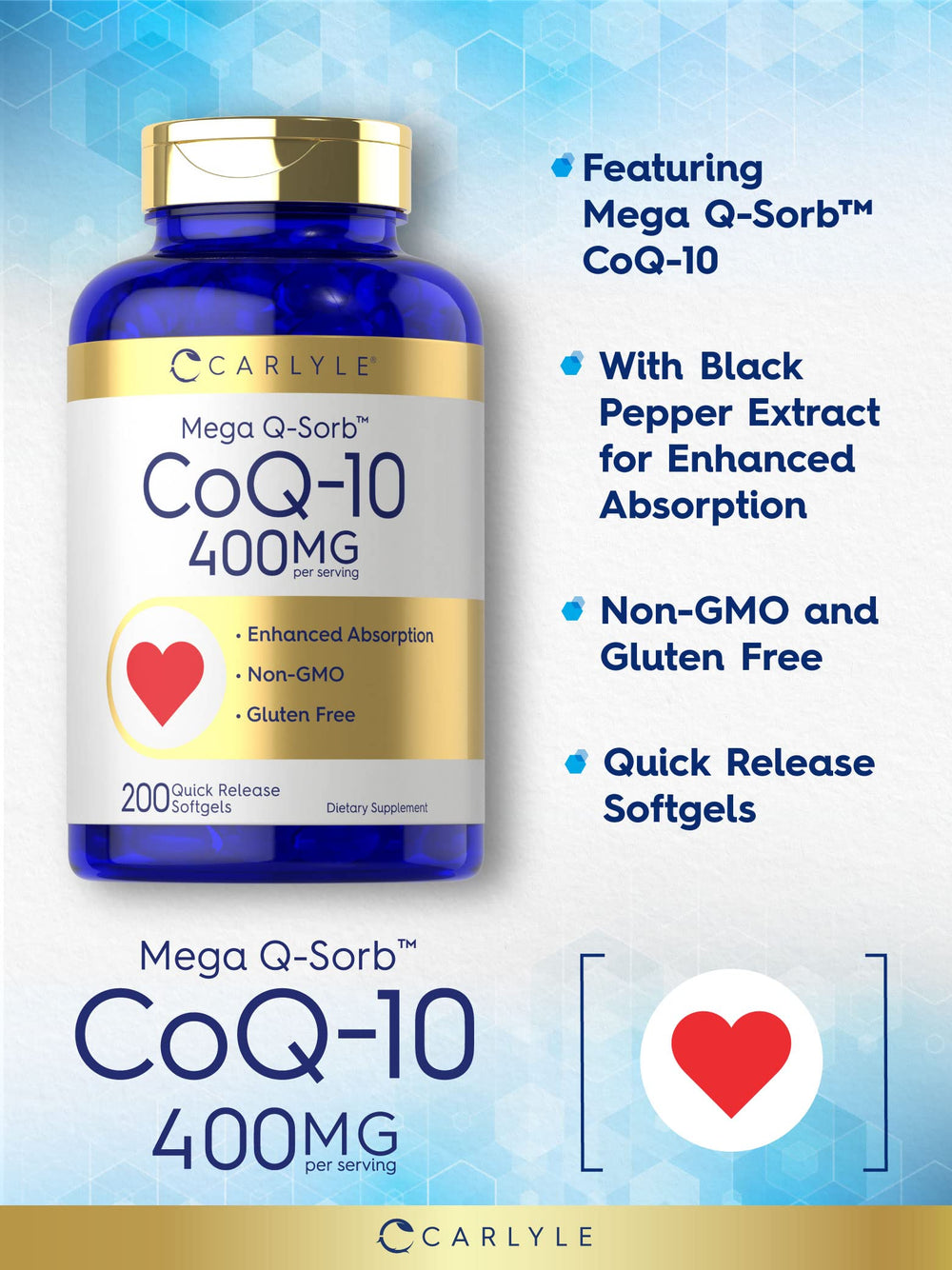Carlyle CoQ10 400mg softgels close view suggests quick release