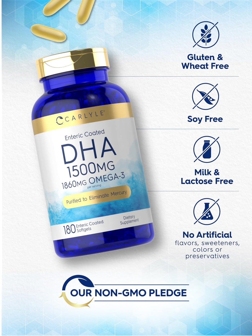 Carlyle DHA non-GMO seal signals commitment to clean ingredients.