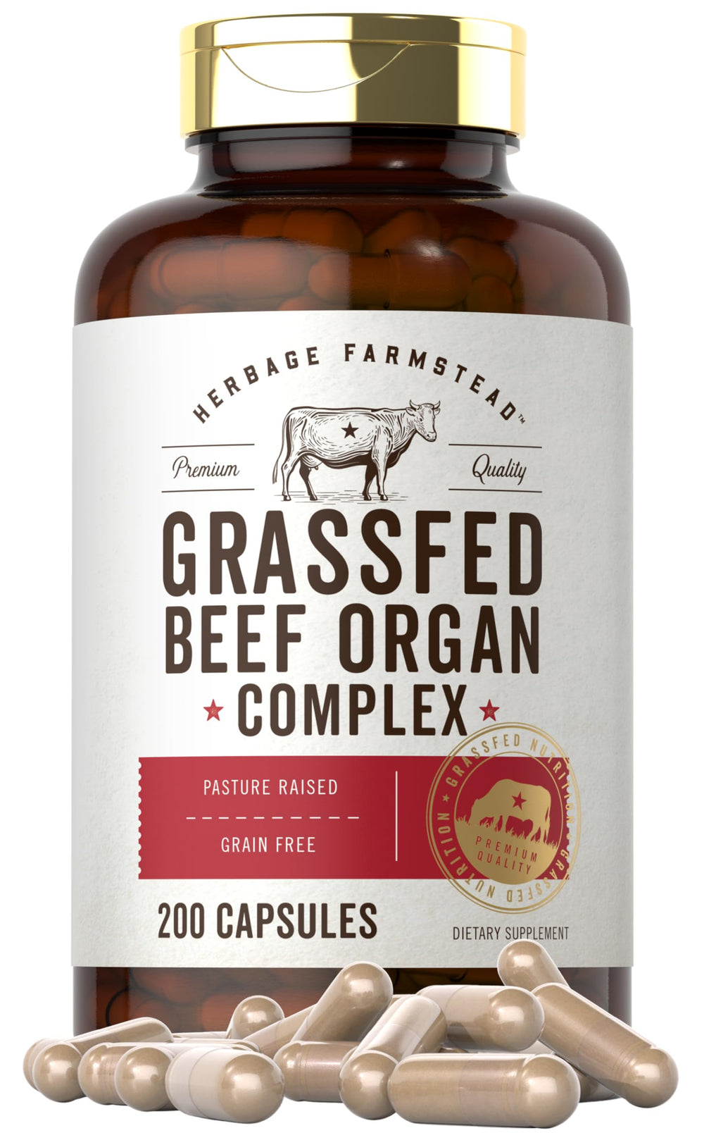 Carlyle Grass Fed Beef Organ Complex bottle with 200 capsules for daily use.