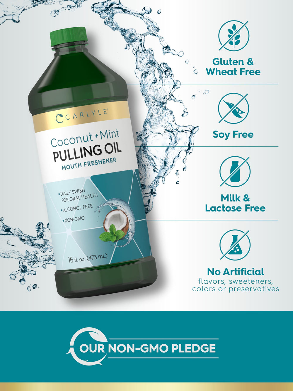 Carlyle pulling oil label showing non-GMO and gluten-free attributes