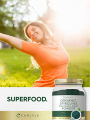 Carlyle Spirulina powder label highlights gluten-free and non-GMO status