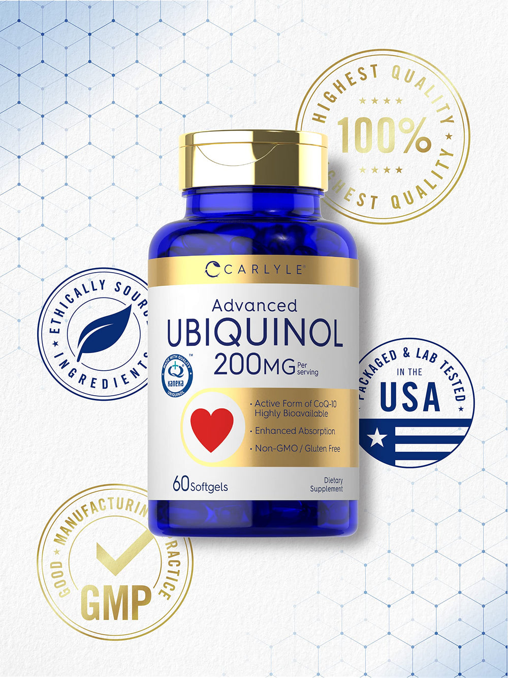 Ingredients panel with lab-tested seal emphasizes quality.