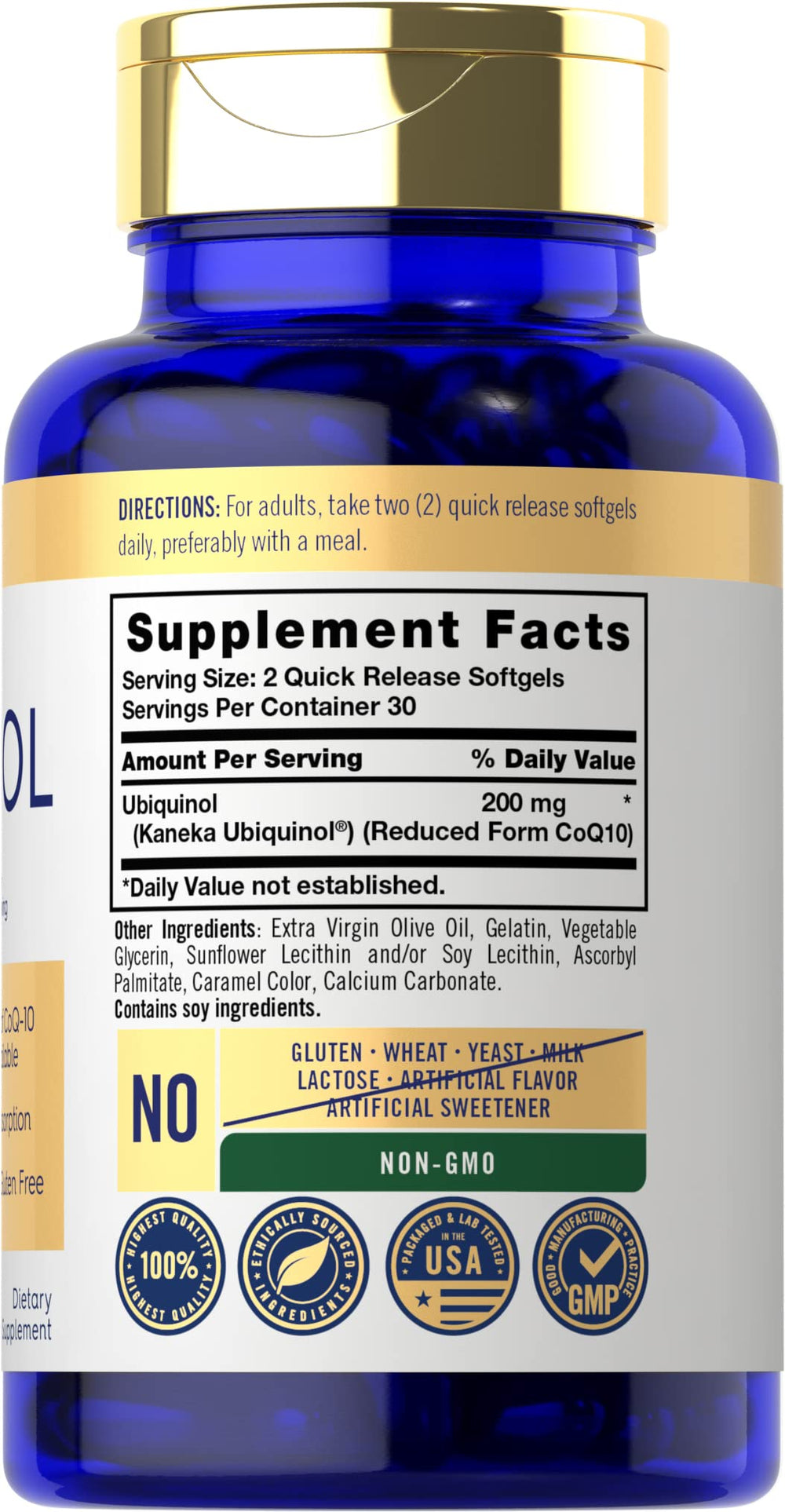 Closeup of Carlyle Ubiquinol CoQ10 softgels shows quick-release design.