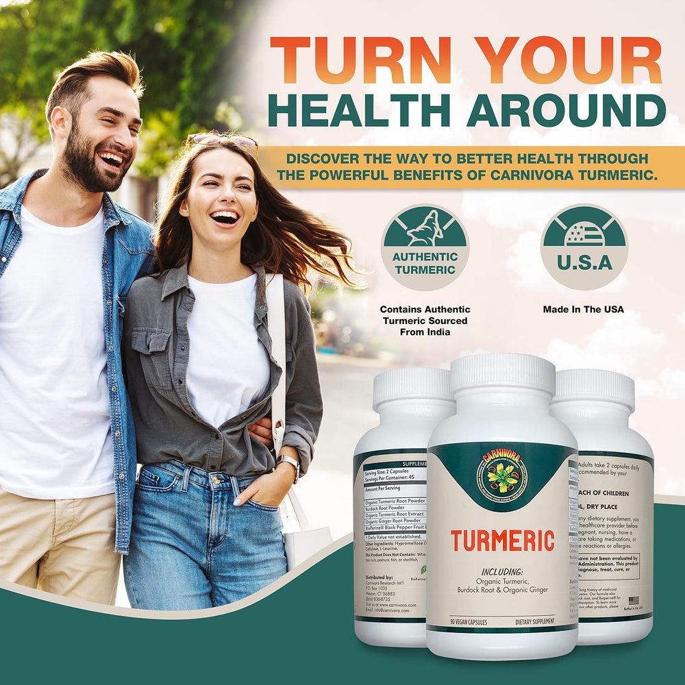 Carnivora Turmeric bottle pour showing easy capsule intake with meals.