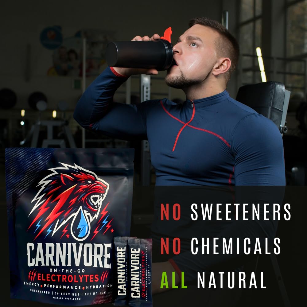 Carnivore On-The-Go Electrolytes bottle highlighting balanced sodium, potassium and magnesium for performance.