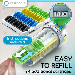CARROSELF refill box with four cartridges extends several weeks between refills.