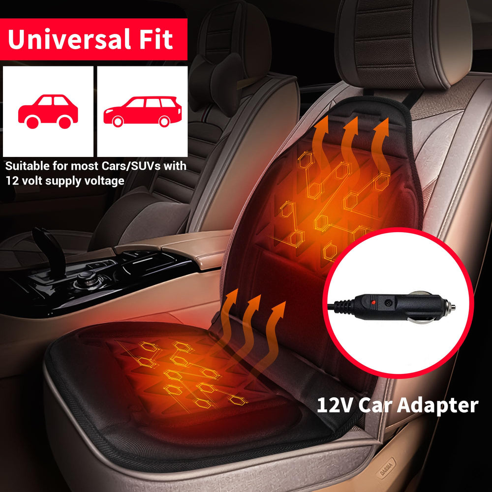 CARSHION heated seat cover: full back, hips, and thighs warmth distribution.