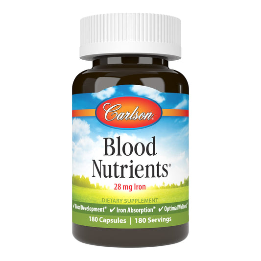 Carlson Blood Nutrients bottle with 28 mg iron supporting iron absorption