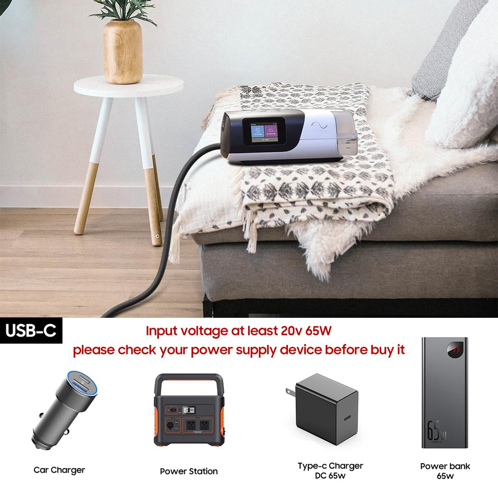 Casimy PD USB-C 20V to 24V CPAP backup cable in use with battery