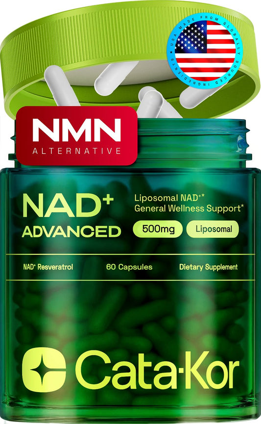 Cata-Kor Liposomal NAD+ with Resveratrol bottle for convenient daily energy support.