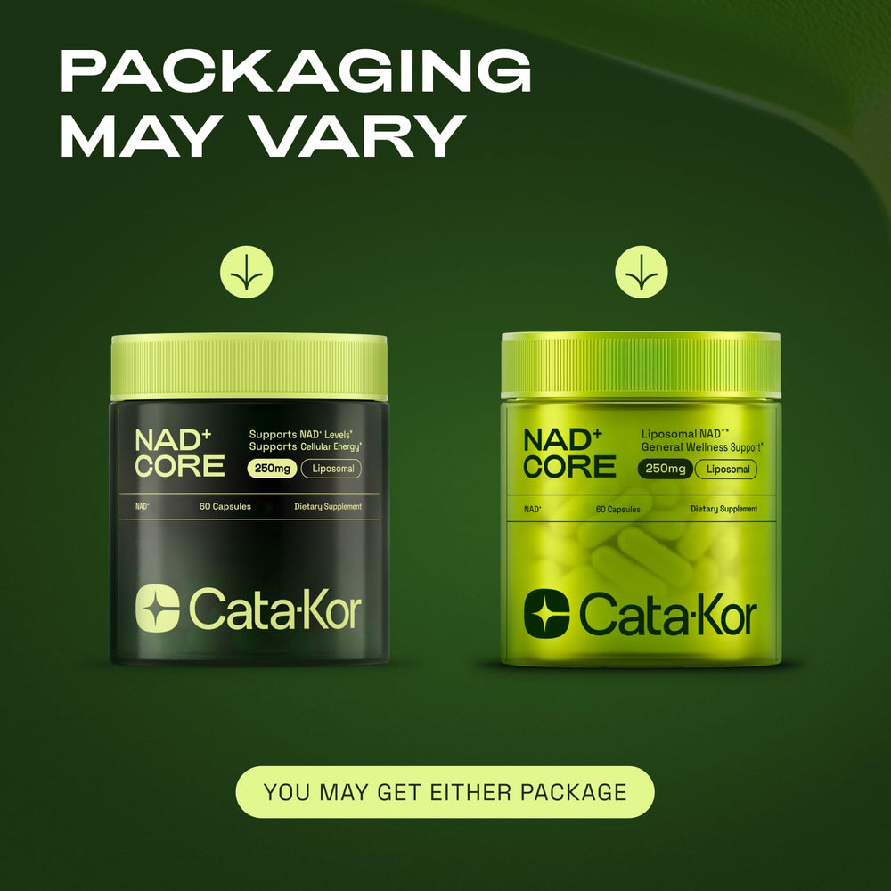 Cata-Kor NAD Core bottle back with dosage information for easy daily use.