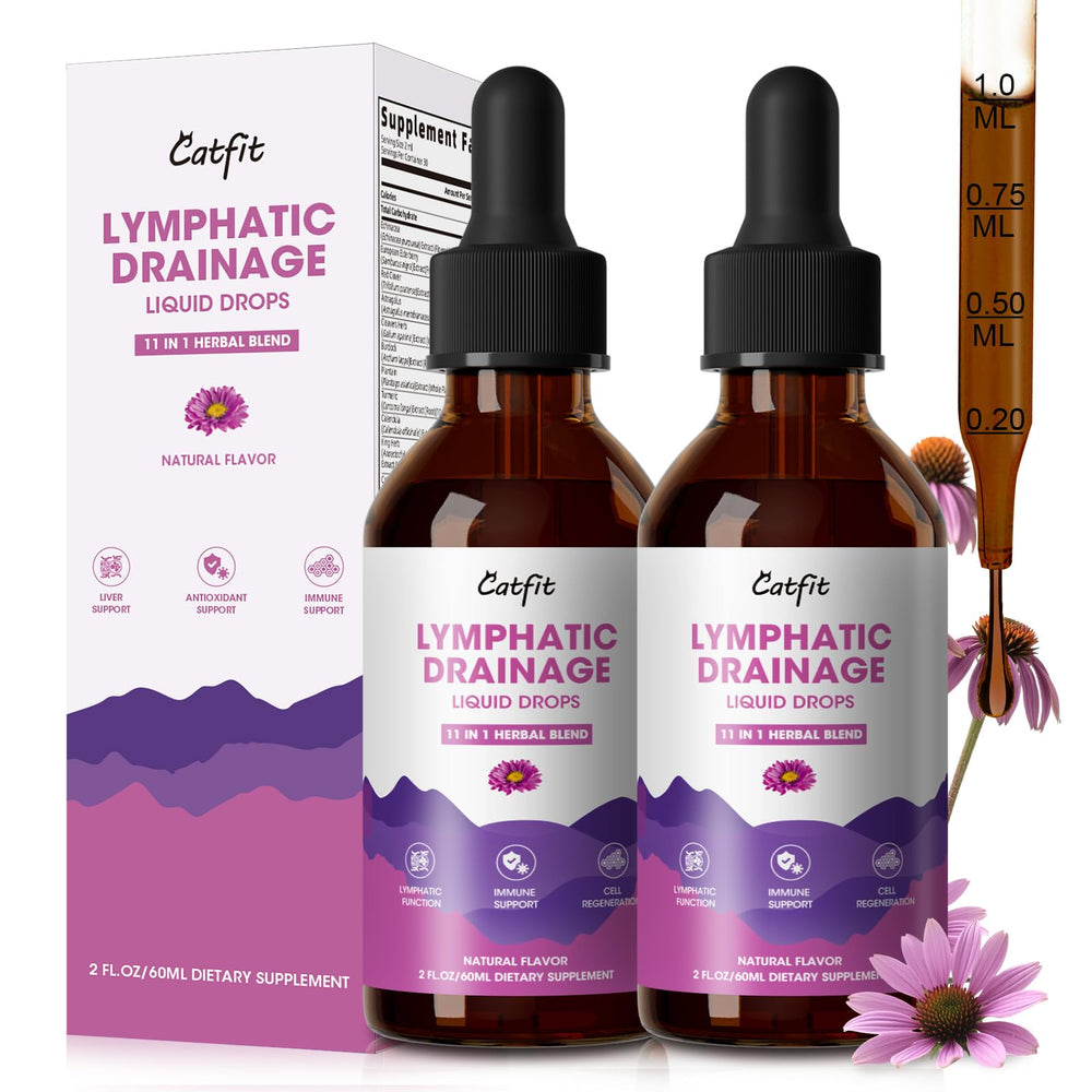 Catfit Lymphatic Drainage Drops bottle pour highlighting immune support benefits.