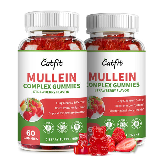 Catfit Mullein Gummies bottle close-up highlighting strawberry flavor and lung support.