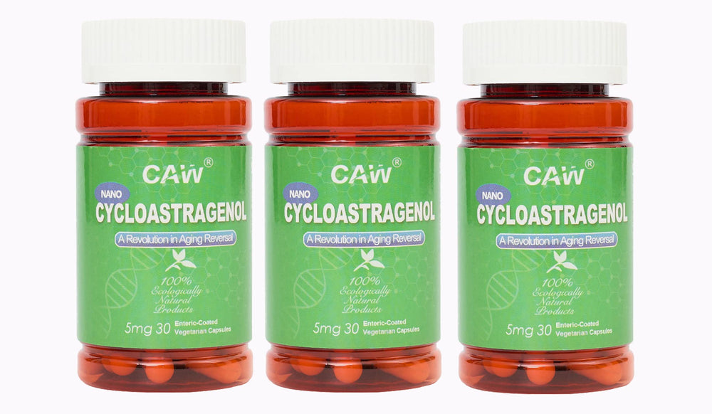 CAW Nano Cycloastragenol bottle with enteric capsules optimized for absorption.