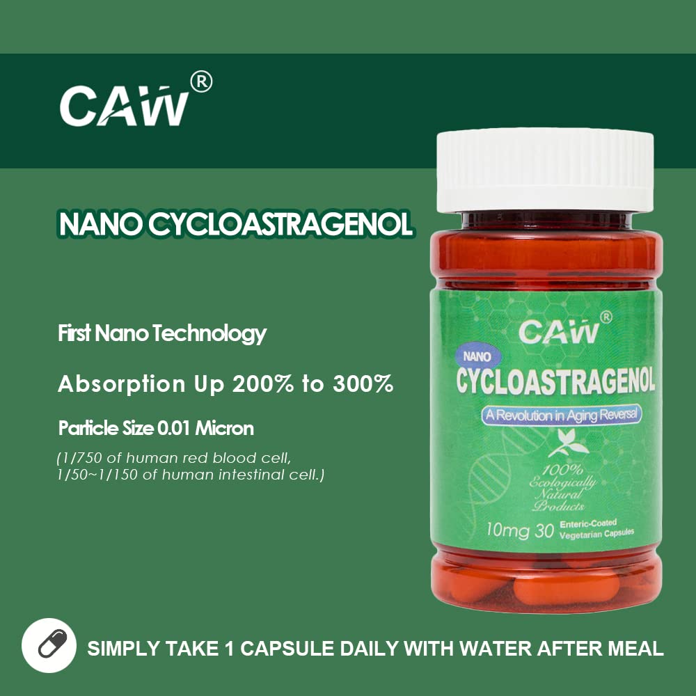 CAW Nano Cycloastragenol capsules close-up shows small particle size for absorption