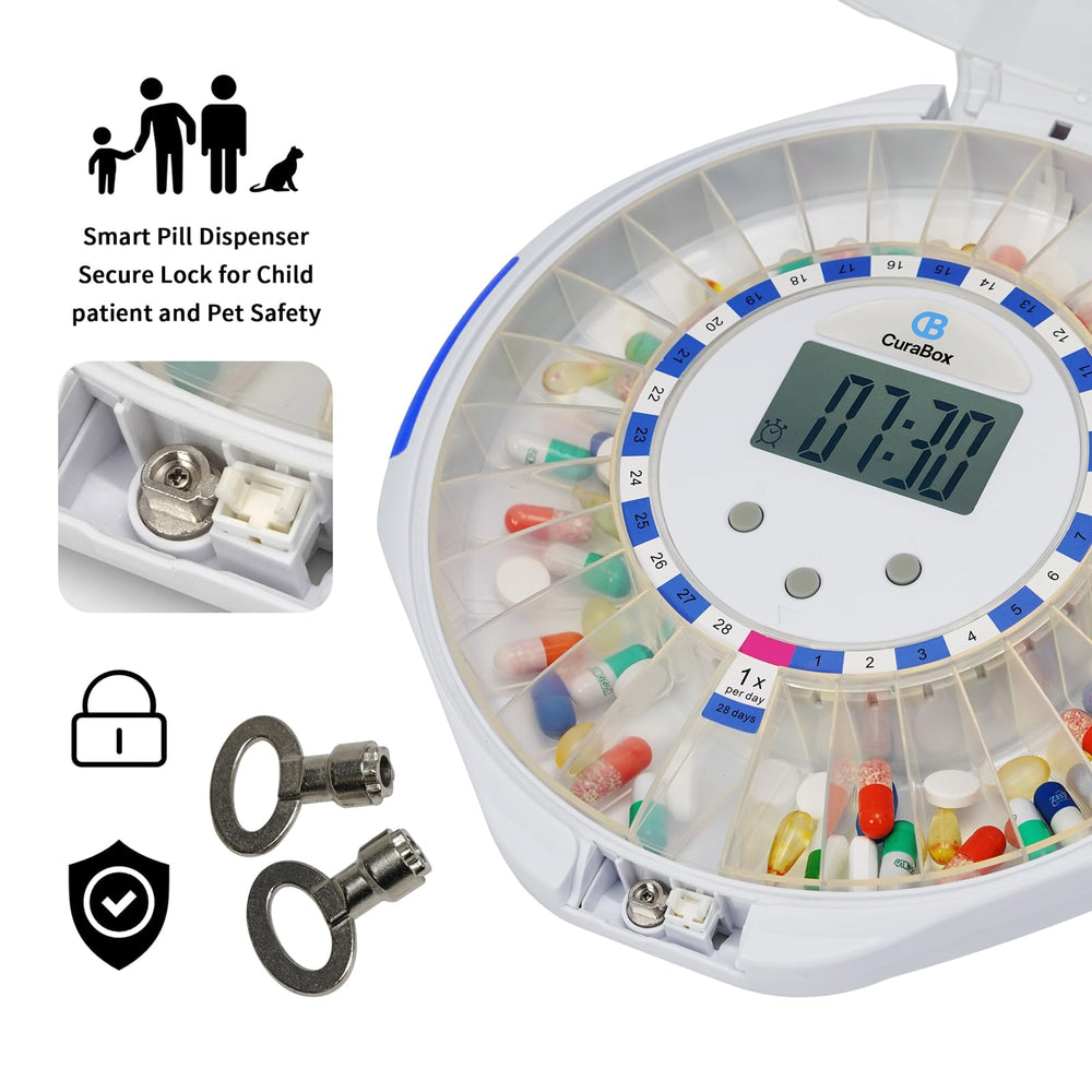 CB CURABOX adjustable alarms with volume control for clear reminders.