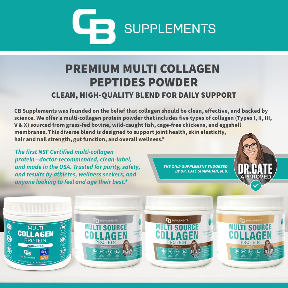 CB Supplements Multi Collagen Vanilla ingredients panel showing clean-label formula.