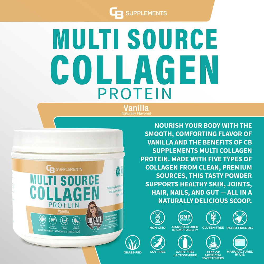 CB Supplements Multi Collagen Vanilla powder being poured into a glass for a drink.