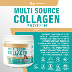 CB Supplements Multi Collagen Vanilla powder being poured into a glass for a drink.