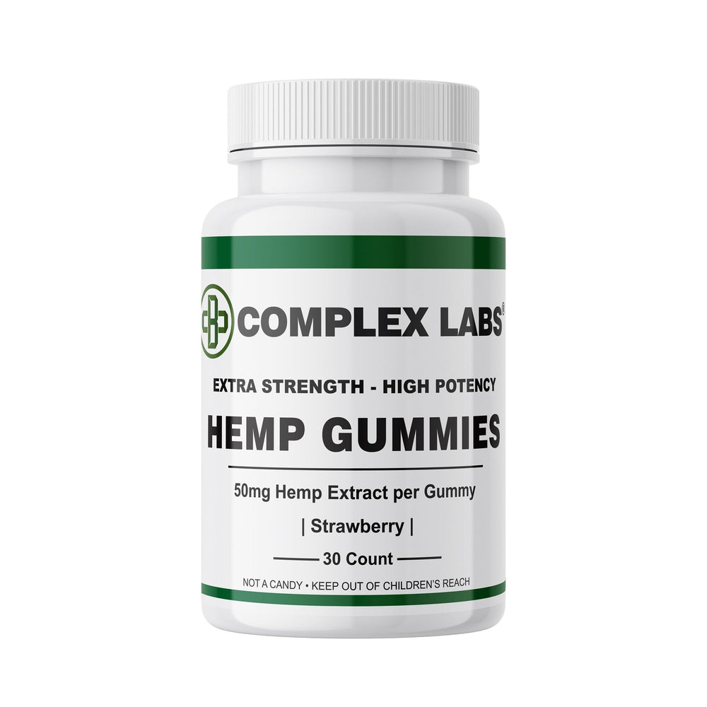 Cbdcomplex Labs Hemp Gummies bottle front displays premium American-made formulation for daily wellness.