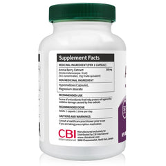 CBI Natural Aronia capsules close-up highlighting vegan, non-GMO formula for immune support.