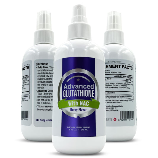 CCL Supplements glutathione spray bottle for rapid sublingual absorption potential.