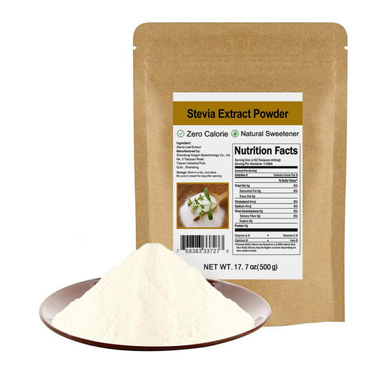 CCnature Pure Stevia Extract Powder bottle offering zero-calorie sweetness for beverages.