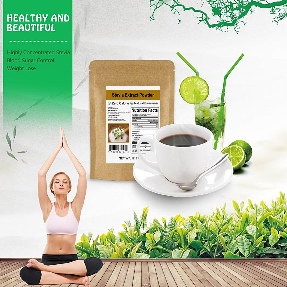 CCnature Stevia powder in eco kraft packaging, preserving freshness.
