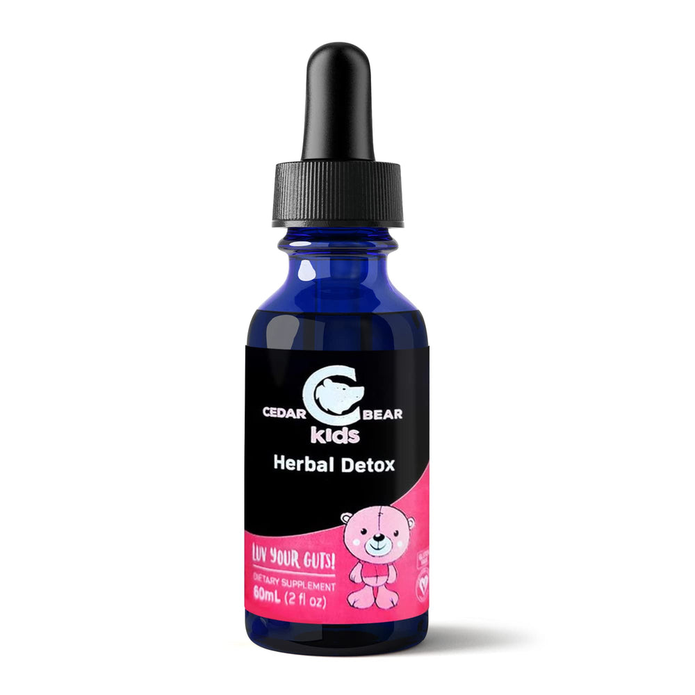 Cedar Bear Naturales Herbal Detox for Kids bottle shows the label and supports liver health