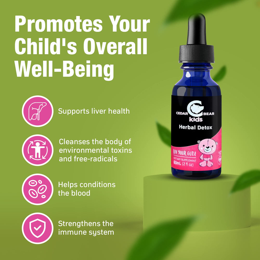 Close-up of Cedar Bear Naturales Herbal Detox for Kids label highlighting natural ingredients